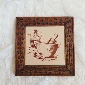 Vintage Carved Wood and Tile Trivet